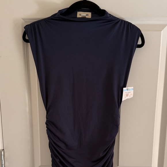 NWT Open Edit Navy Blue Sleeveless Mock Neck Ruched Bodycon Midi Dress XXS - Picture 2 of 5